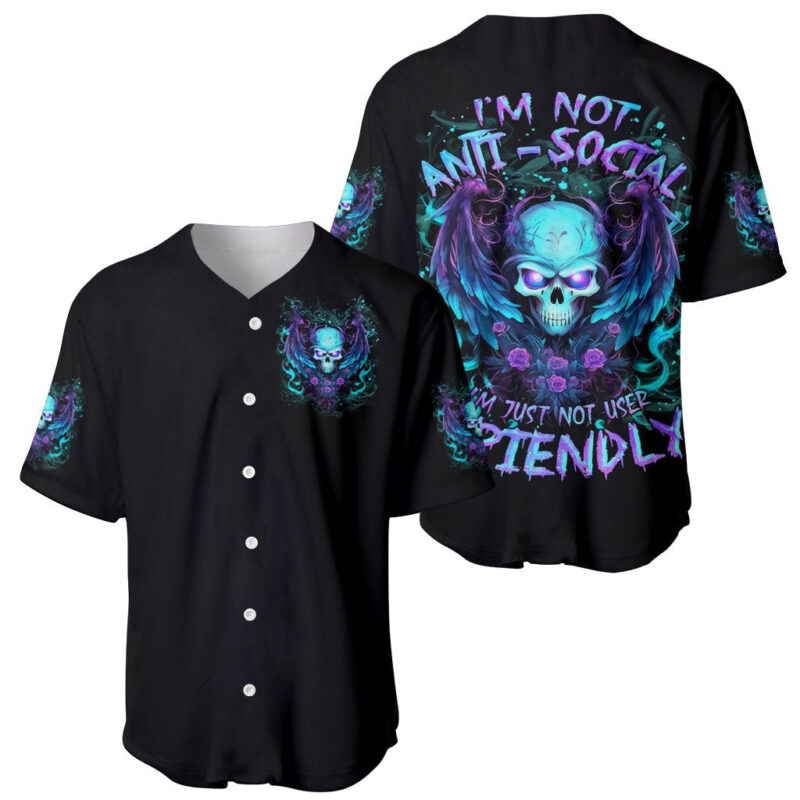 Angel Skull Baseball Jersey I'm Not Anti-Social I'm Just Not User Friendly