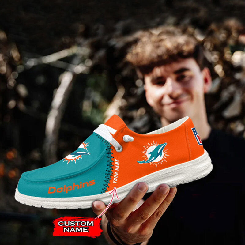 Personalized Miami Dolphins Hey Dude Shoes Miami Dolphins Merch Awesome Father's Day Gifts